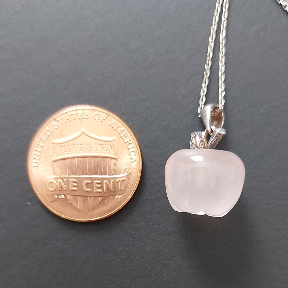 Dainty Rose Quartz Apple Pendant Necklace 925 Sterling Silver Chain - Picture 13 of 16